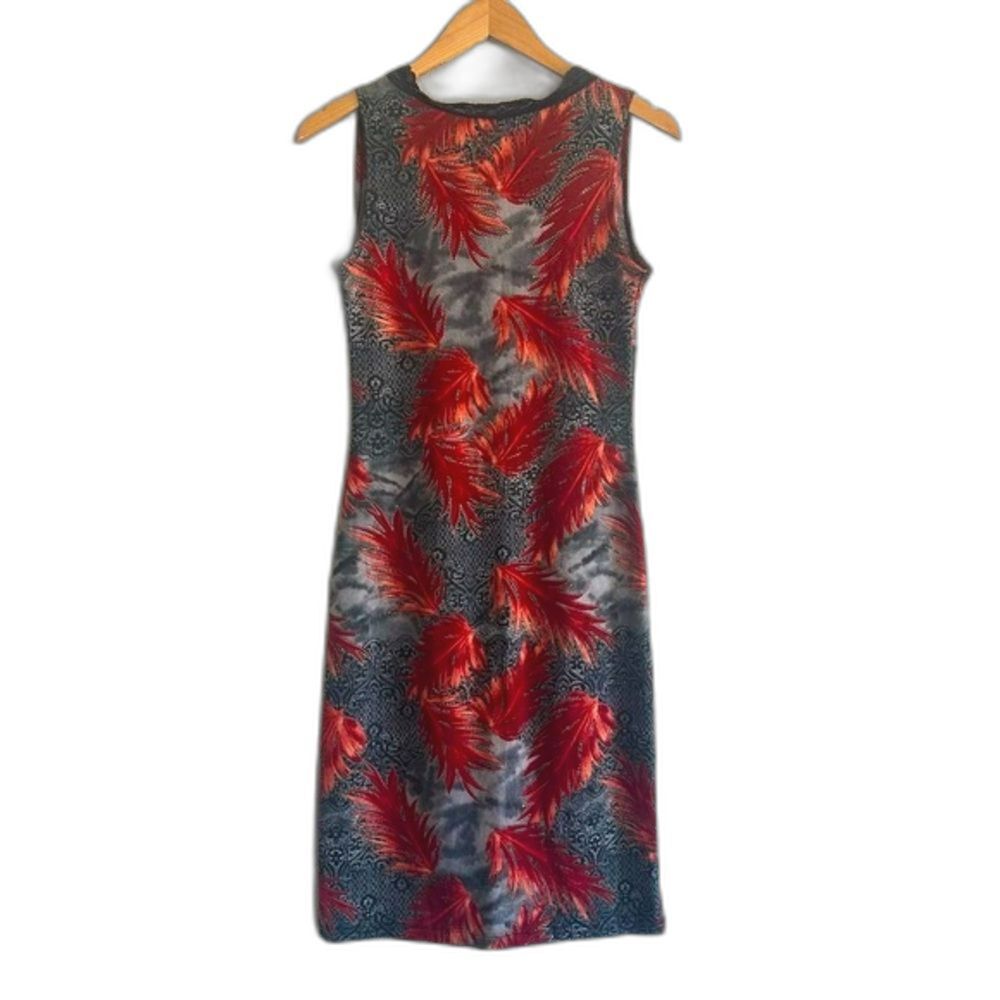 Vtg 90’s Dress Reference VNeck Sleeveless Lace Red Leaf Grey Tie Dye Midi Medium - Picture 3 of 4